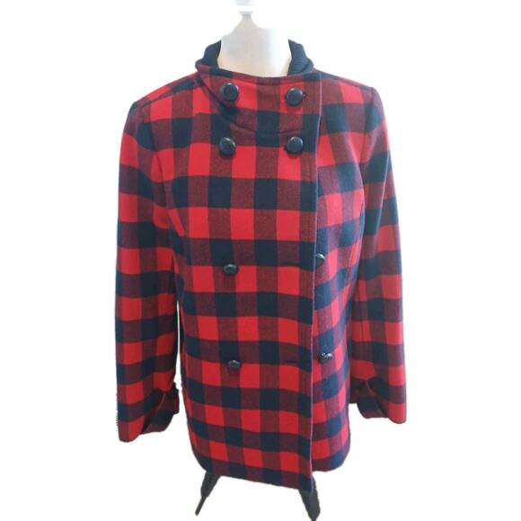 Talbots Women Size 14 Buffalo Plaid Wool Blend Pea Coat Navy Blue Red Classic - Picture 1 of 11